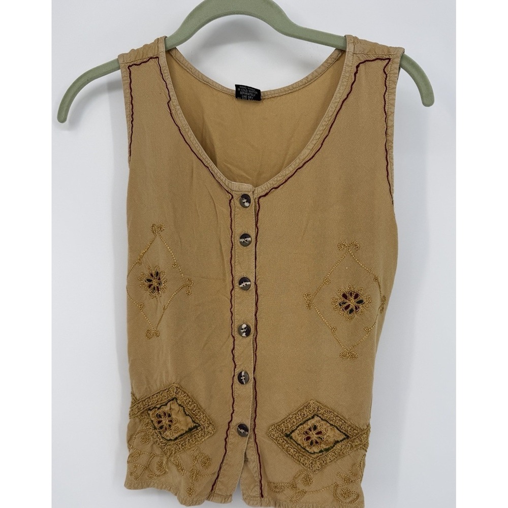 vtg y2k Boho Embroidered Vest Rayon Mustard Button Front XL Cottagecore festival